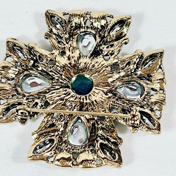 Turquoise Inlay Silver Brooch Pin Cross Crystal Rhinestones Theme Faux 5.7cm - Picture 4 of 5